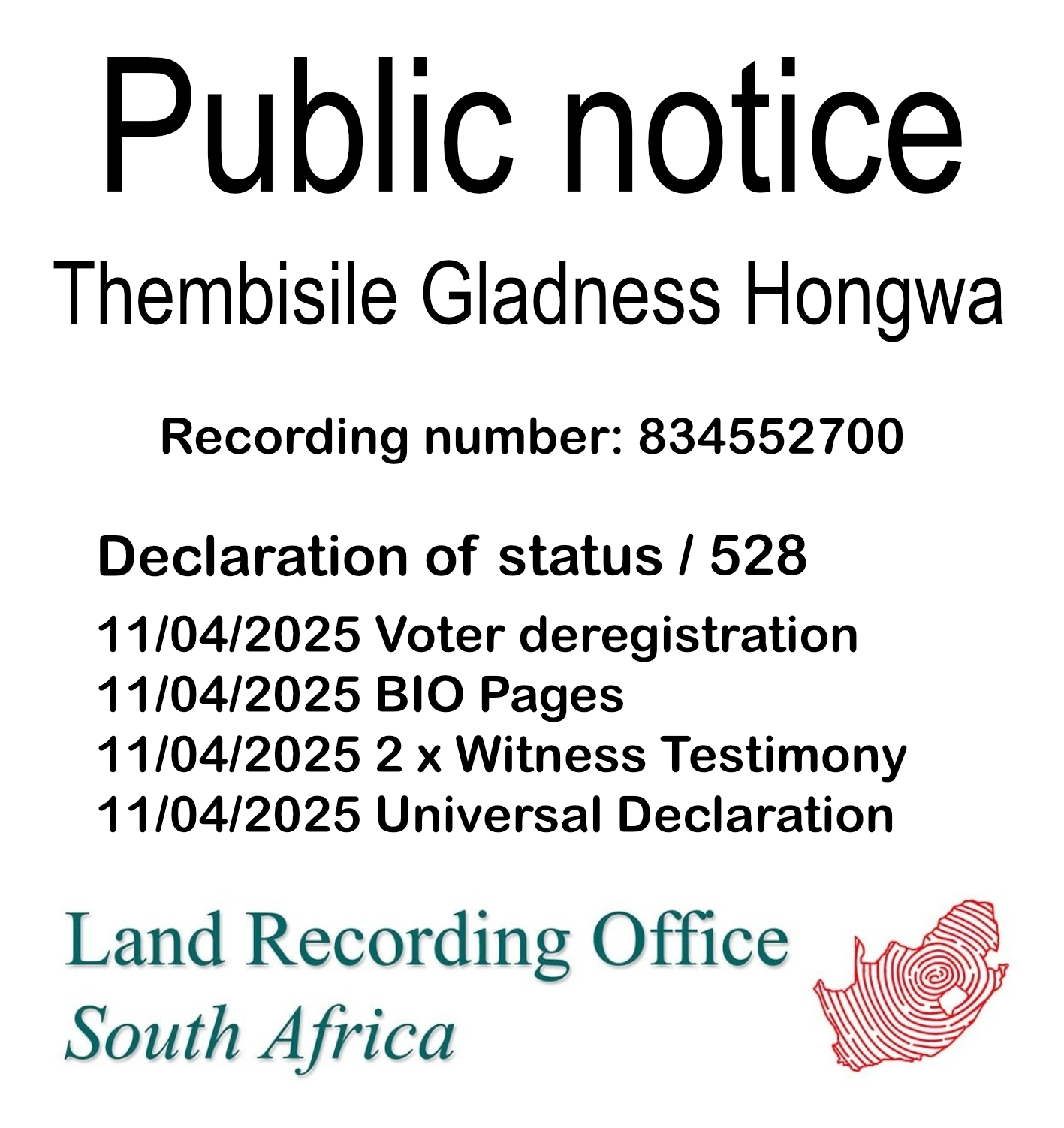 Public Notice Thembisile Gladness Hongwa (c) Recording number 834552700